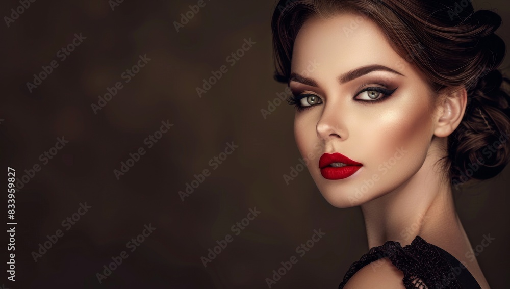 A beautiful woman with red lipstick and smoky eyes, in an elegant outfit. She has her hair styled up in an arch shape behind the ears. The background is dark brown. Her makeup A beautiful woman with red lipstick and smoky eyes, in an elegant outfit. She has her hair styled up in an arch shape behind the ears. The background is dark brown. Her makeup