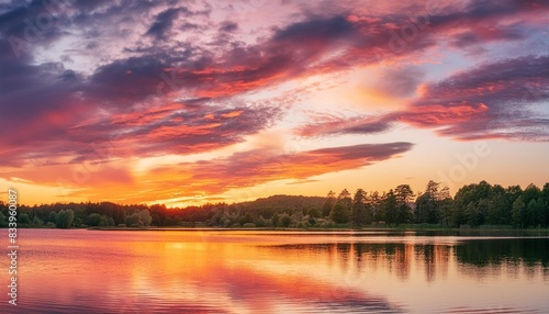 a vibrant sunset paints the sky over a serene lake generative ai