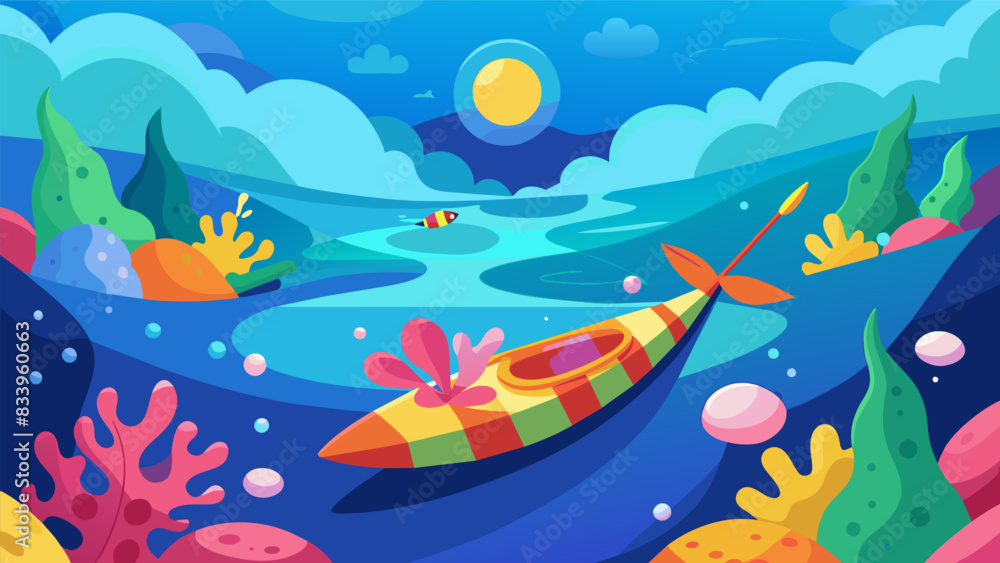 Get lost in a vibrant underwater world as you kayak through a virtual reef filled with colorful coral and marine life.. Vector illustration Get lost in a vibrant underwater world as you kayak through a virtual reef filled with colorful coral and marine life.. Vector illustration