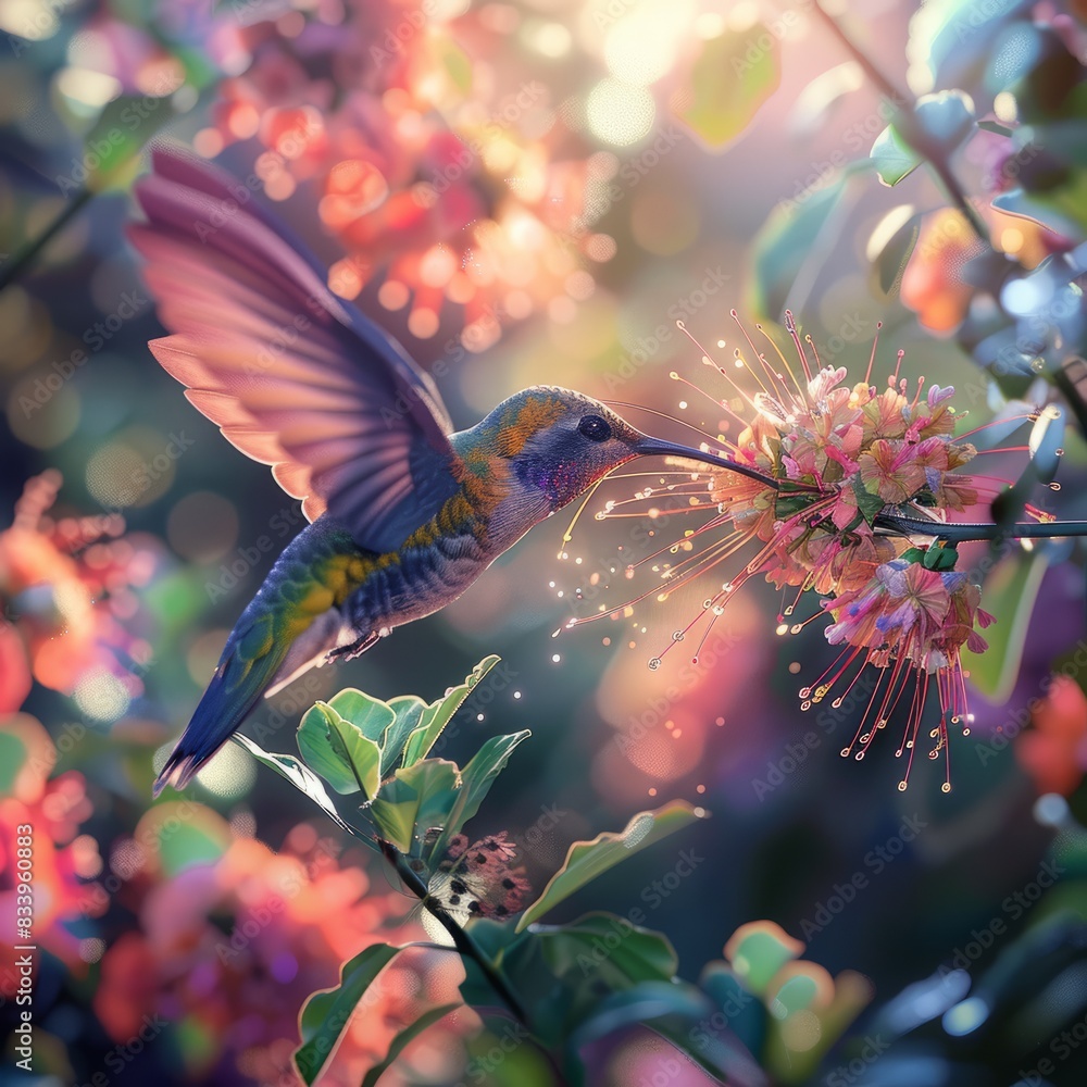 Hummingbird flying to pick up nectar from a beautiful flower. Digital artwork Job ID: b98e1ed9-623d-4e7a-a880-dd84496c7a72