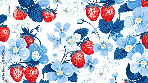 Hand drawn blue flowers and strawberries, cute pattern design for mobile phone wallpaper