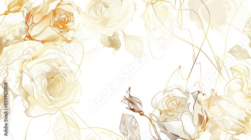 Rose floral, luxury botanical on white background vector, empty space in the middle to leave room for text or logo, gold line wallpaper, leaves, flower, foliage, hand drawn