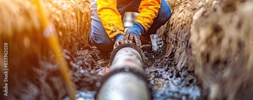An industrial scene of a worker in high-visibility clothing installing pipes in a large trench.