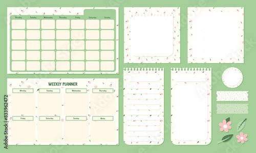 Set of Weekly Monthly planner printable vector template with cute kawaii notepad and stickers