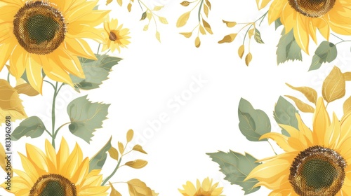 Sunflowers floral, luxury botanical on white background vector, empty space in the middle to leave room for text or logo, gold line wallpaper, leaves, flower, foliage, hand drawn