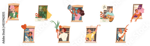 Man and Woman Character in Open Window as Neighbor Vector Illustration Set