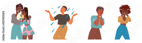 Man and Woman Character Crying, Weeping and Sobbing from Sorrow and Grief Feeling Sad and Upset Vector Illustration Set