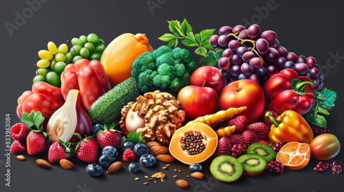 Selection of healthy food. Balanced diet food. Superfoods  various fruits and assorted berries  nuts and seeds  fruit  vegetable. ai