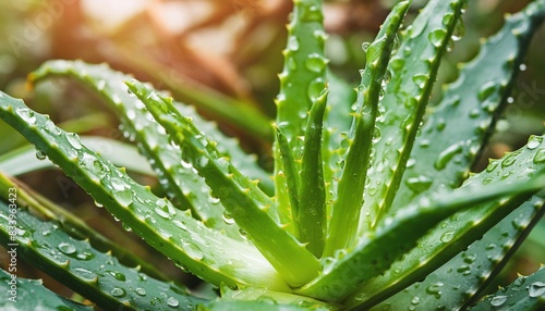 a close up of a green plant aloe vera with water drops