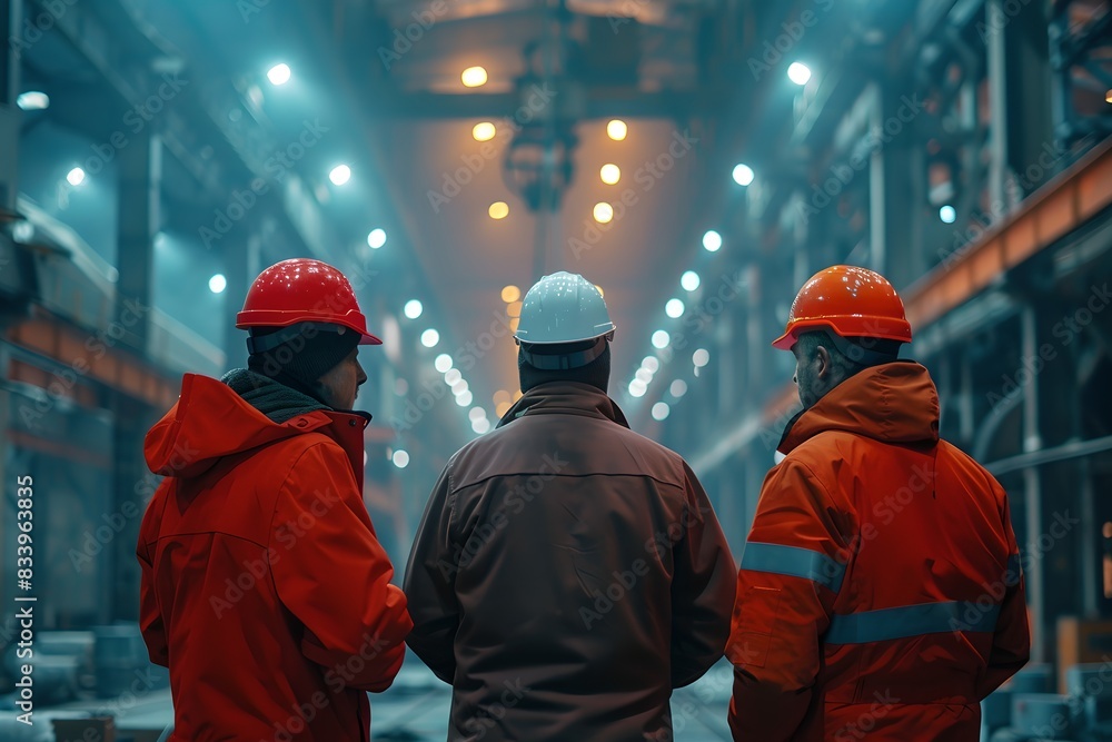 Three workers in vests and hard hats standing in a factory. Industry manufacturing and production concept. Industrial Specialist. Design for banner, poster Three workers in vests and hard hats standing in a factory. Industry manufacturing and production concept. Industrial Specialist. Design for banner, poster