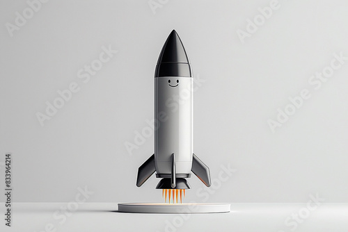 A single rocket emoji reaching the apex of its ascent, poised on the cusp of space against the unblemished solid white canvas. photo