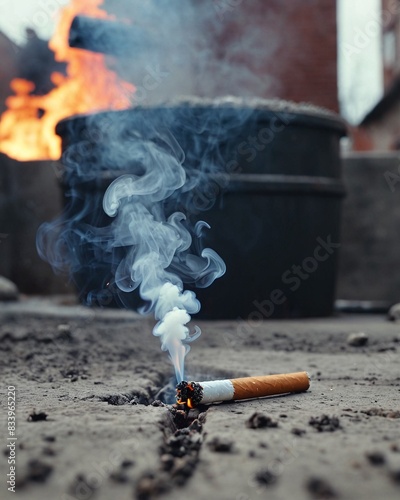 A burning cigarette causes a fire. Concept of no smoking day in a tobacco free world. Anti smoking, and no smoking, lungs health care. photo