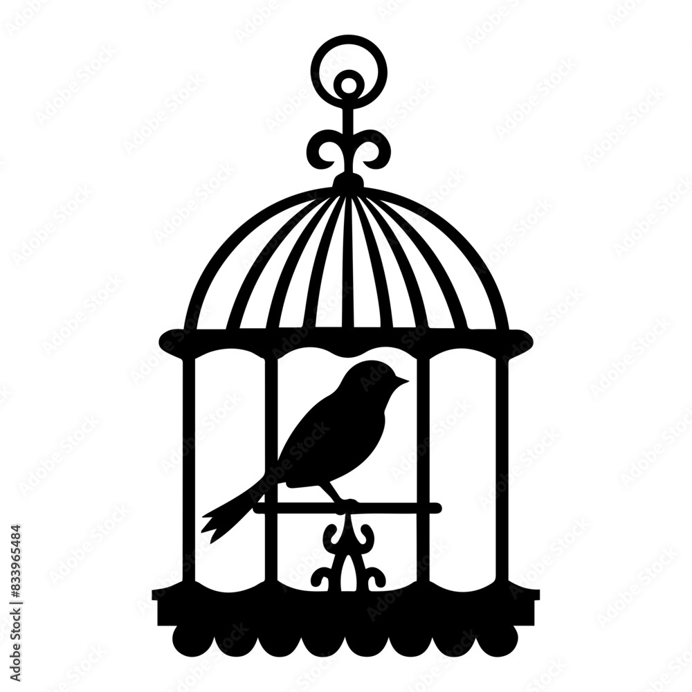 A black silhouette of a bird in a decorative birdcage A black silhouette of a bird in a decorative birdcage
