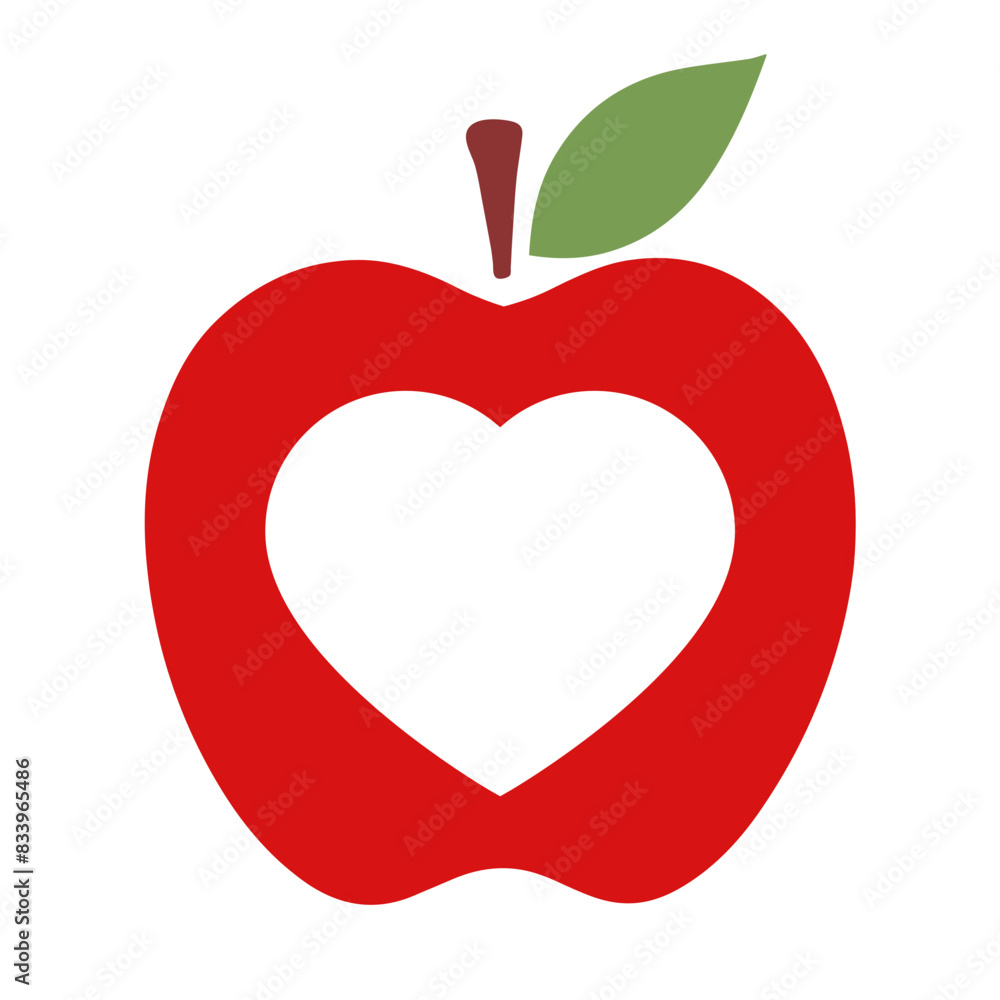 Fototapeta premium A red apple monogram with a heart-shaped cutout, with a green leaf on top
