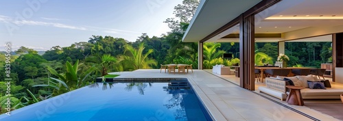 Bright contemporary villa with open-plan living area  infinity pool  and sweeping views of the surrounding forest