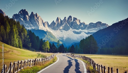 empty country road on venegia valley high altitude dolomite valley natural park with jagged peaks rolling meadows pastures and streams stunning morning scene of italian countryside photo