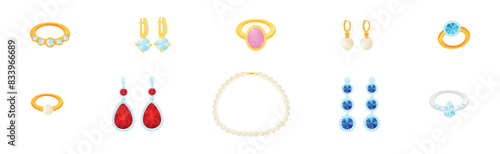 Shiny Necklace, Ring and Earrings as Jewelry Object with Gem Vector Set