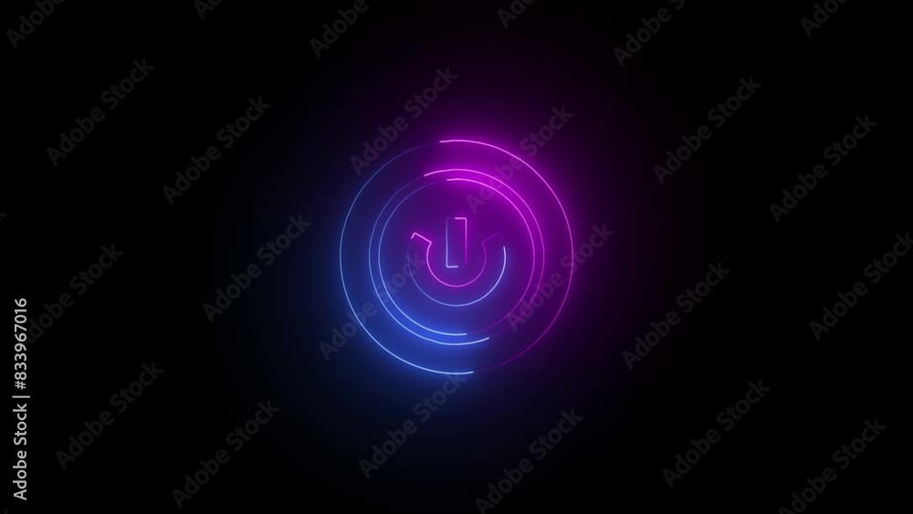 Neon glowing power button icon animated on a black background. Neon glowing power button icon animated on a black background.