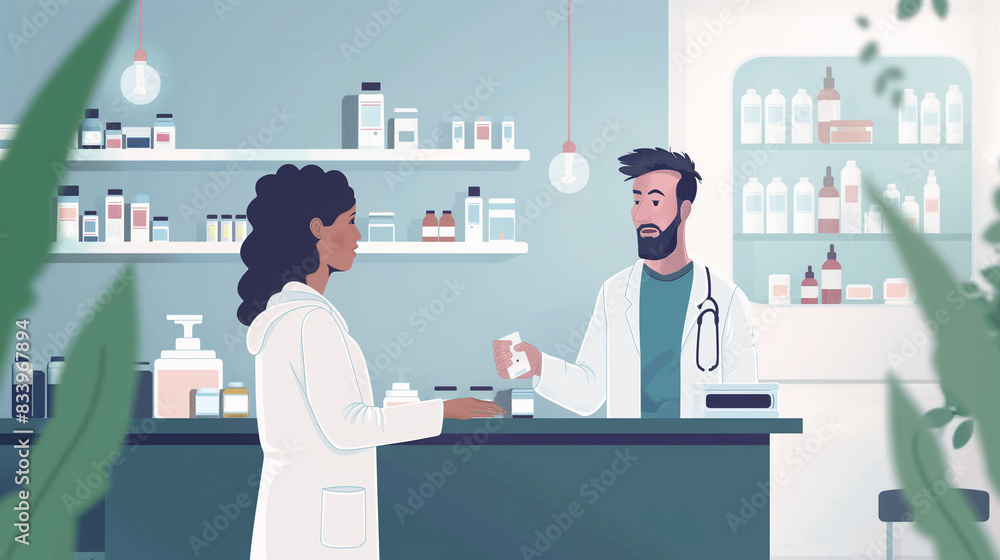 An arrangement of a customer consulting with a pharmacist about their medication, customer and pharmacist consultation, hd, with copy space An arrangement of a customer consulting with a pharmacist about their medication, customer and pharmacist consultation, hd, with copy space