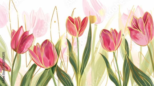 Tulips floral  luxury botanical on white background vector  empty space in the middle to leave room for text or logo  gold line wallpaper  leaves  flower  foliage  hand drawn