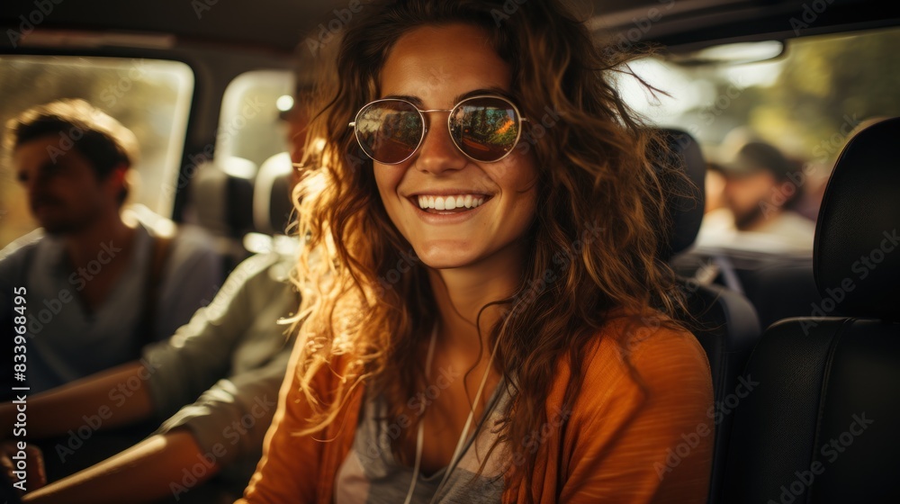 A joyful woman wearing sunglasses sits in a sunlit car with passengers in the background A joyful woman wearing sunglasses sits in a sunlit car with passengers in the background