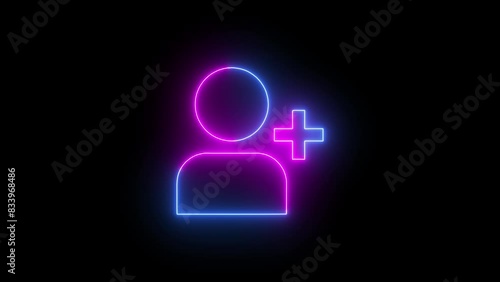 Video footage of Blue glowing Add new member user neon icon. Looped Neon Lines abstract on black background. Futuristic laser background. Seamless