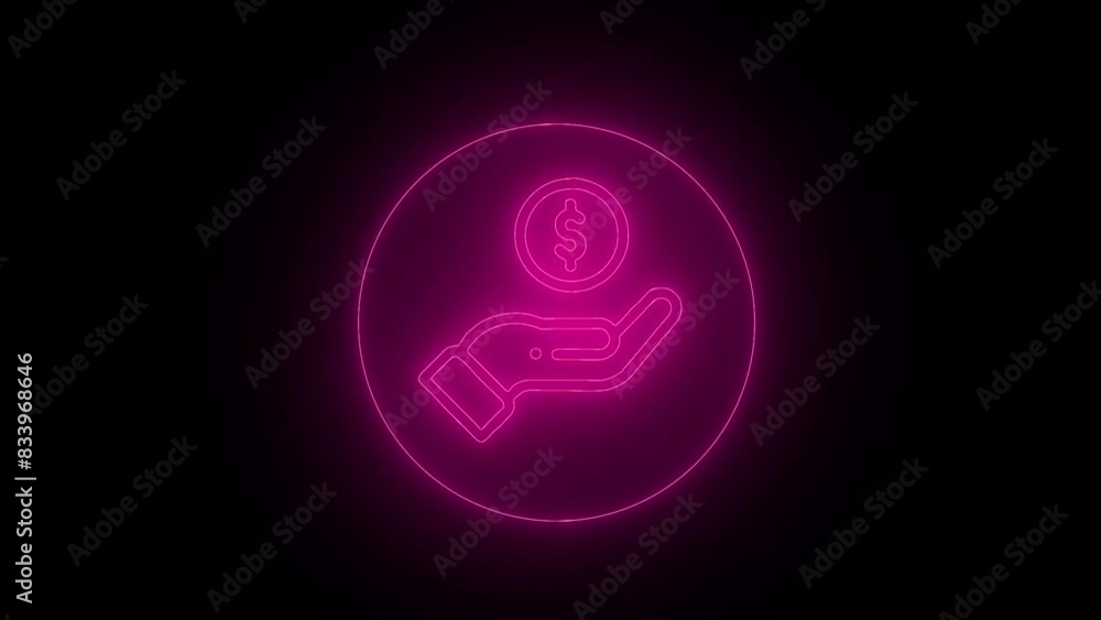 Neon glowing human hand showing USA currency dollar sign animation on the black background. Neon glowing human hand showing USA currency dollar sign animation on the black background.
