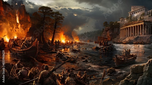 Dramatic ancient battle with warriors in boats  buildings aflame  and a looming temple