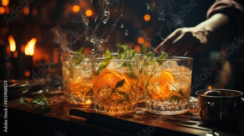 A bartender skillfully prepares refreshing cocktails with mint embellishments in a lively, flame-lit bar