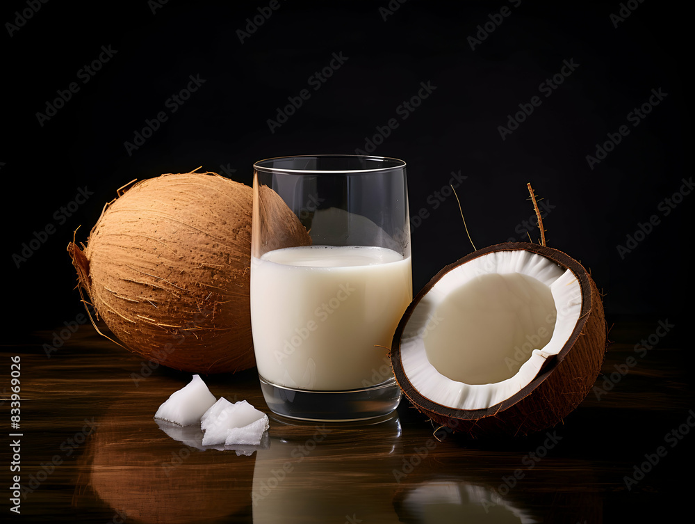A Glass of Coconut juice with green coconut, Refreshing and healthy green coconut juice with ice in a glass with a summer background A Glass of Coconut juice with green coconut, Refreshing and healthy green coconut juice with ice in a glass with a summer background
