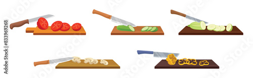 Vegetables Cut with Knife with Metal Blade Process Vector Set
