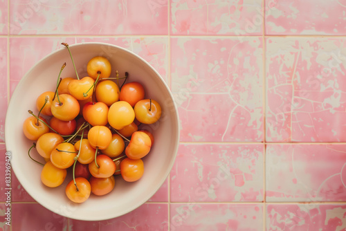 bowl of cherries on pink tile countertop. 