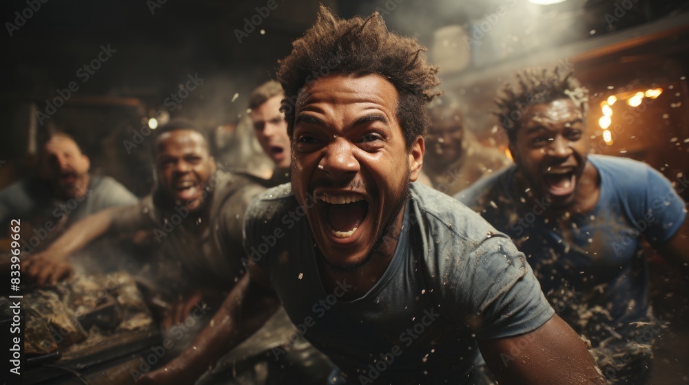 Group of ecstatic men with visible excitement and joy as they seem to celebrate a collective victory Group of ecstatic men with visible excitement and joy as they seem to celebrate a collective victory