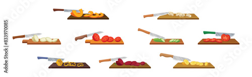 Vegetables Cut with Knife with Metal Blade Process Vector Set