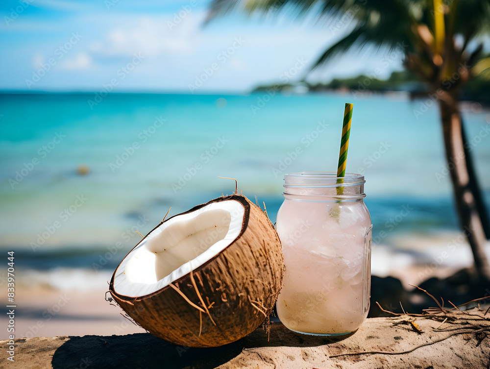 A Glass of Coconut juice with green coconut, Refreshing and healthy green coconut juice with ice in a glass with a summer background A Glass of Coconut juice with green coconut, Refreshing and healthy green coconut juice with ice in a glass with a summer background