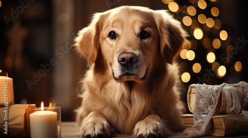 A charming image of a golden retriever hiding behind a square, with warm candlelight and holiday vibes in the background