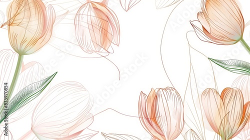 Tulips floral, luxury botanical on white background vector, empty space in the middle to leave room for text or logo, gold line wallpaper, leaves, flower, foliage, hand drawn