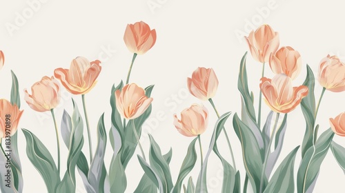 Tulips floral, luxury botanical on white background vector, empty space in the middle to leave room for text or logo, gold line wallpaper, leaves, flower, foliage, hand drawn
