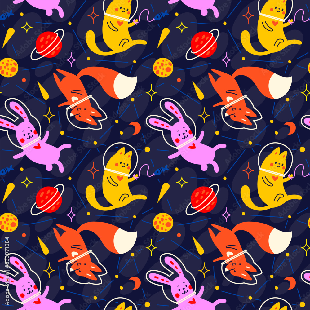 Seamless vector pattern about space. Cute astronauts fly among comets, planets, stars Seamless vector pattern about space. Cute astronauts fly among comets, planets, stars