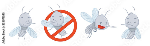 Funny Mosquito Character Parasitic Insect with Sting Vector Set