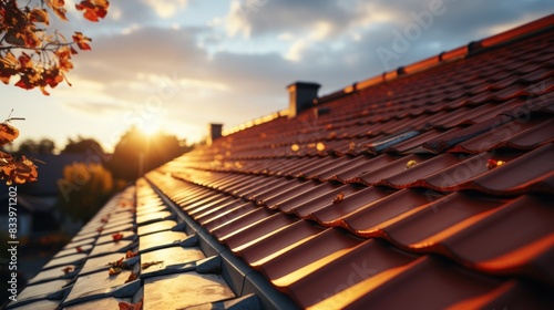 Warm sunlight bathes terracotta roof tiles with autumn leaves in a serene suburban neighborhood