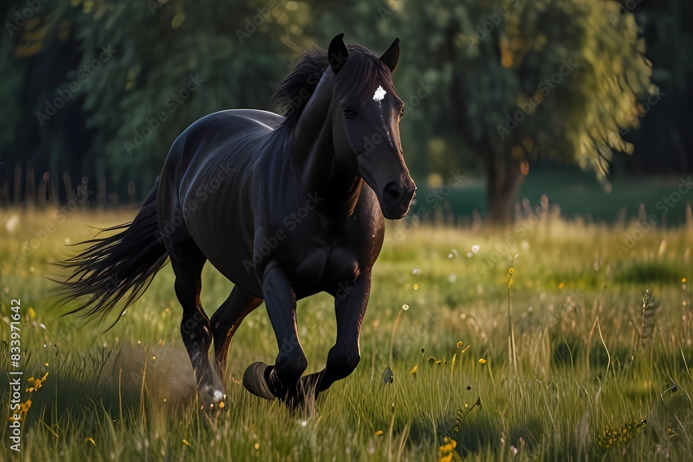Black horse runs. Black horse play on the meadow
Black horse runs. Black horse play on the meadow
