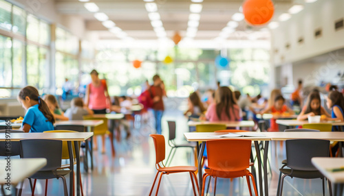 a  of a spacious school cafeteria with tables and chairs, capturing the lively atmosphere with a blurred background of children eating and socializing, Interior, Scho