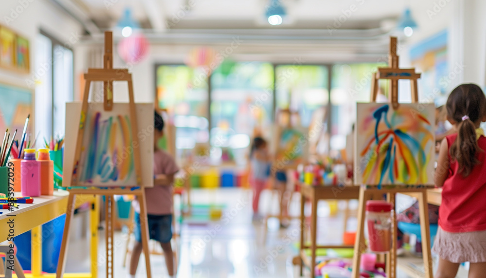 Fototapeta premium a of a well-organized art room with easels and colorful supplies, featuring a blurred background of children creating art and having fun, Interior, School, indoor, s