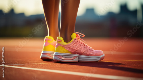 Close-up of vibrant sneakers on an athlete's feet on a running track during sunset