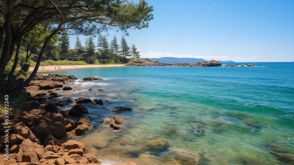 Obraz premium Scenic View of a Tranquil Beach with Crystal Clear Waters and Rocky Shore