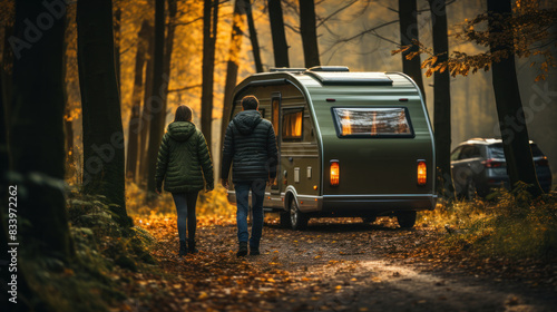 A man and woman walk together towards a camper van on a forest road amidst autumn foliage