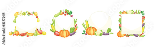 Bright Fruit and Vegetable Frame with Ripe and Fresh Agricultural Cultivar Vector Set
