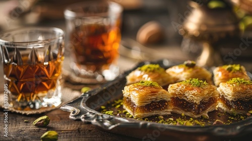 Traditional Turkish dessert made with dried figs syrup pistachios and kaymak photo