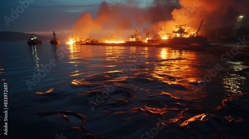 A dramatic industrial accident with burning shipyard and vessels, reflected in the calm water at dusk © AS Photo Family